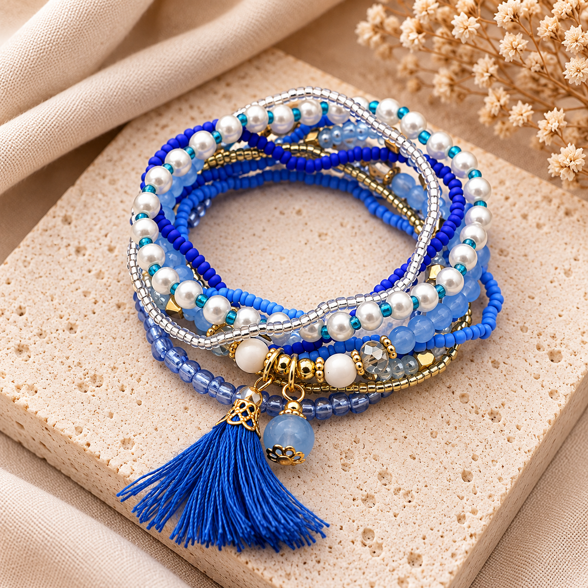 Kralen Armbandenset Blauw Multicolor – Elastisch | Dames