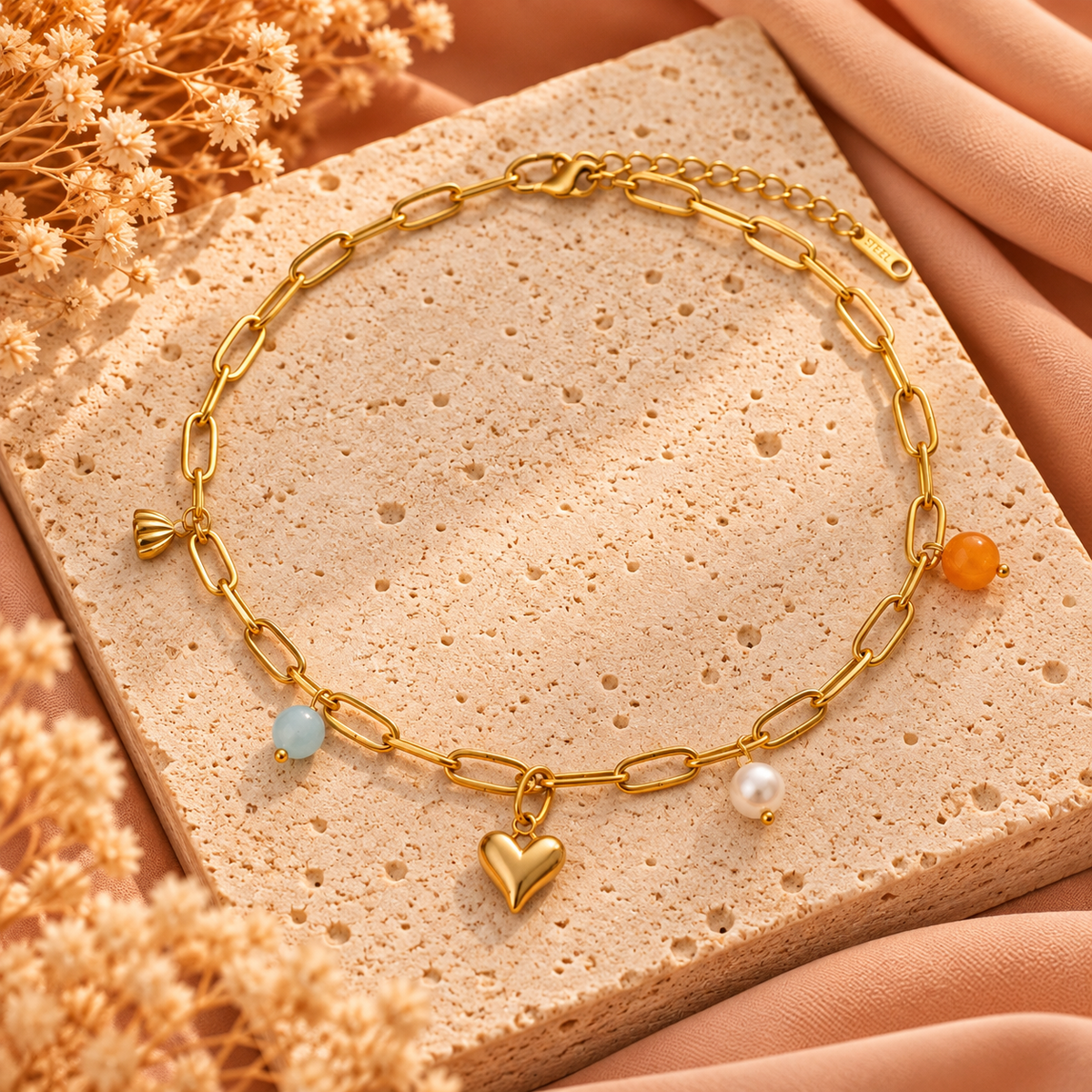 Goudkleurige Hart Ketting met Kleurrijke Bedels | Stainless Steel