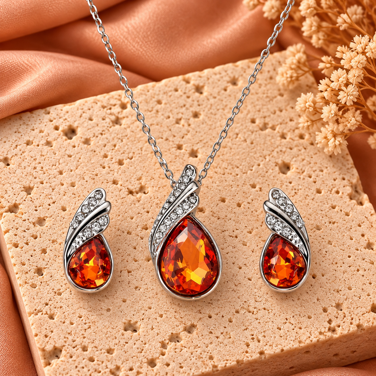 Sieradenset ketting en oorbellen oranje kristal | Zilverkleurig