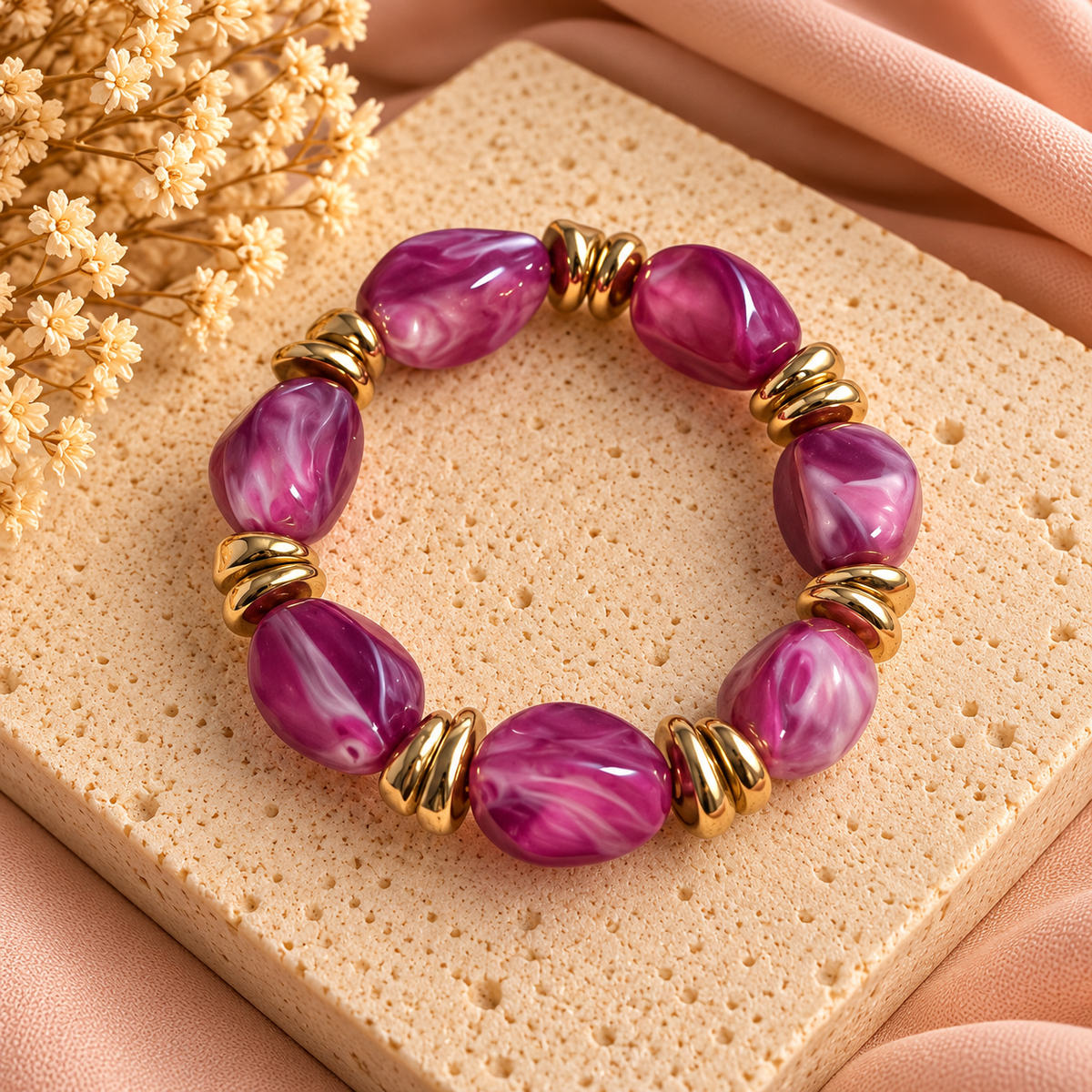 Armband met Paars Gemarmerde Kralen en Goudkleurige Details | Elastisch 17–21 cm