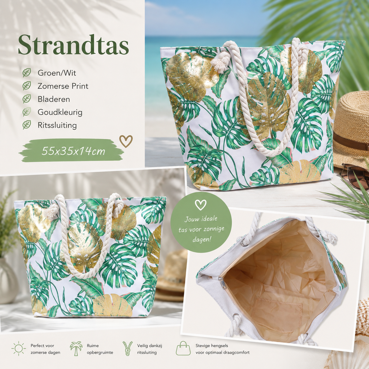 Strandtas Groen Wit met Goudkleurige Bladeren 55x35x14 cm dames strandtas One Size Fashion