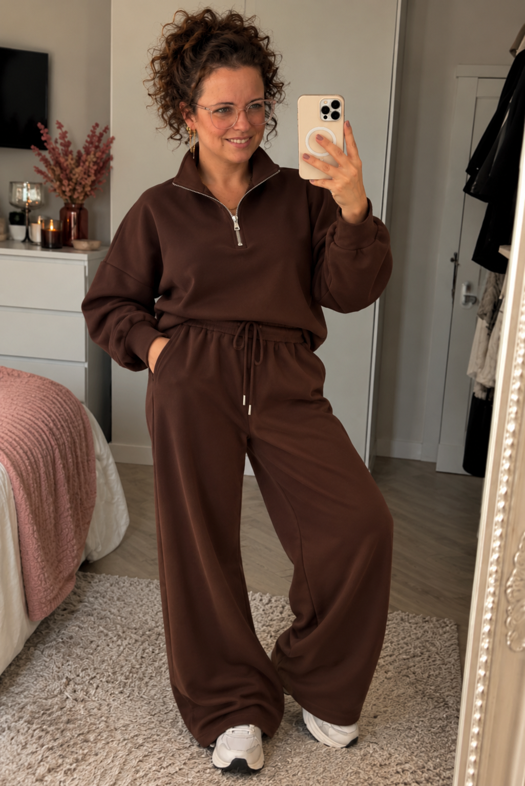 Dames Sweatset met Rits en Wide Leg Broek – Bruin S/M & L/M
