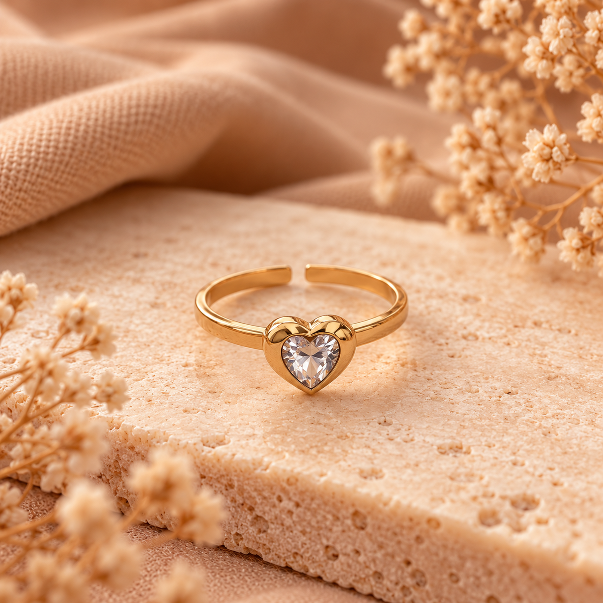 Stainless Steel Verstelbare Hart Ring met Steentje | Goudkleurig