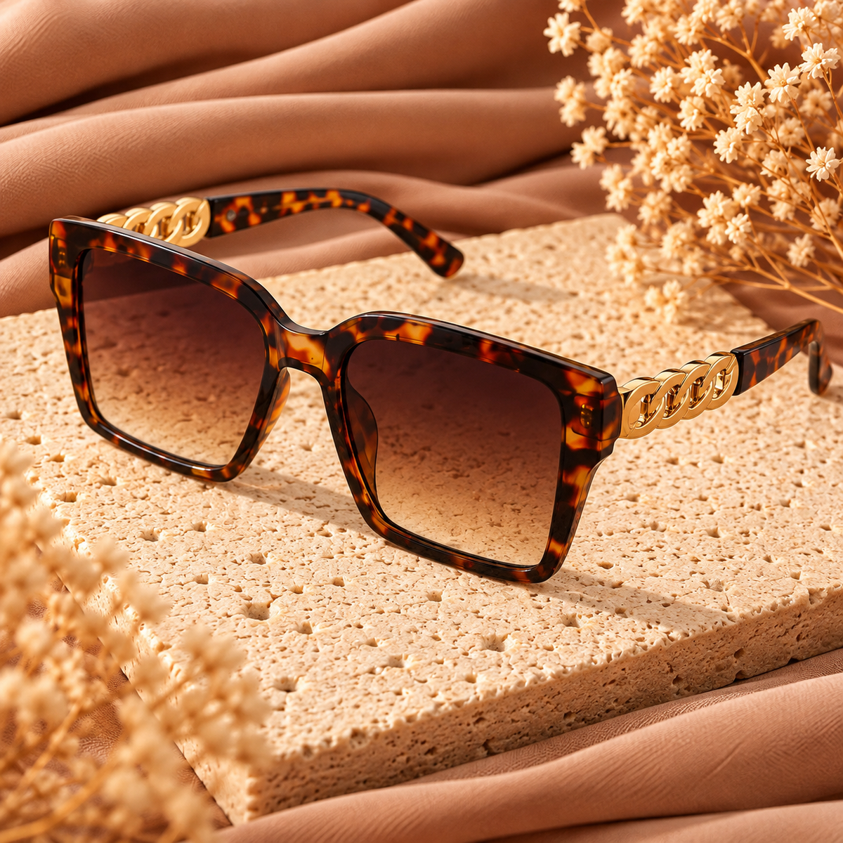 Oversized Leopard Zonnebril Bruin met Goudkleurige Schakels