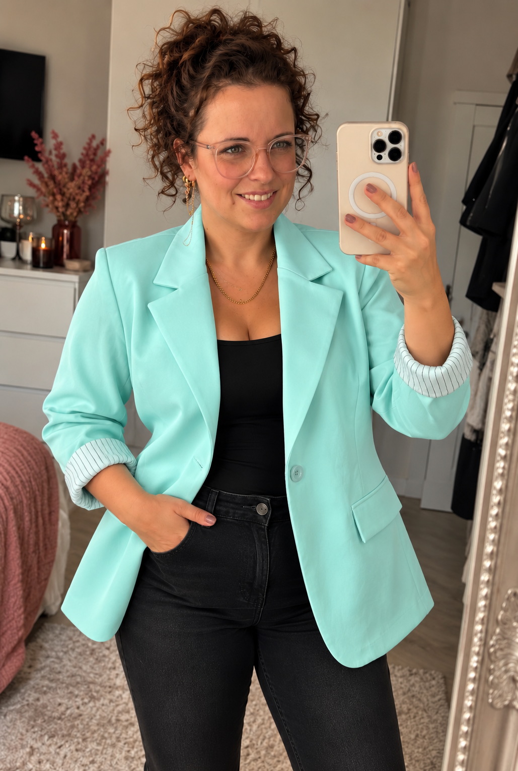 Aquablauwe Blazer met 3/4 Mouwen | One Size (36-42) - One Size Fashion