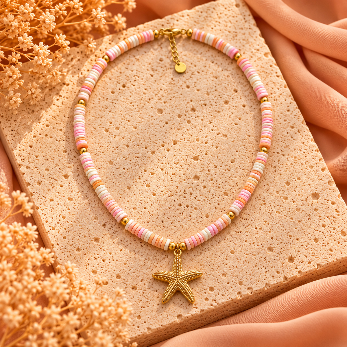 Kralenketting Roze Wit met Zeester | 40-45 cm