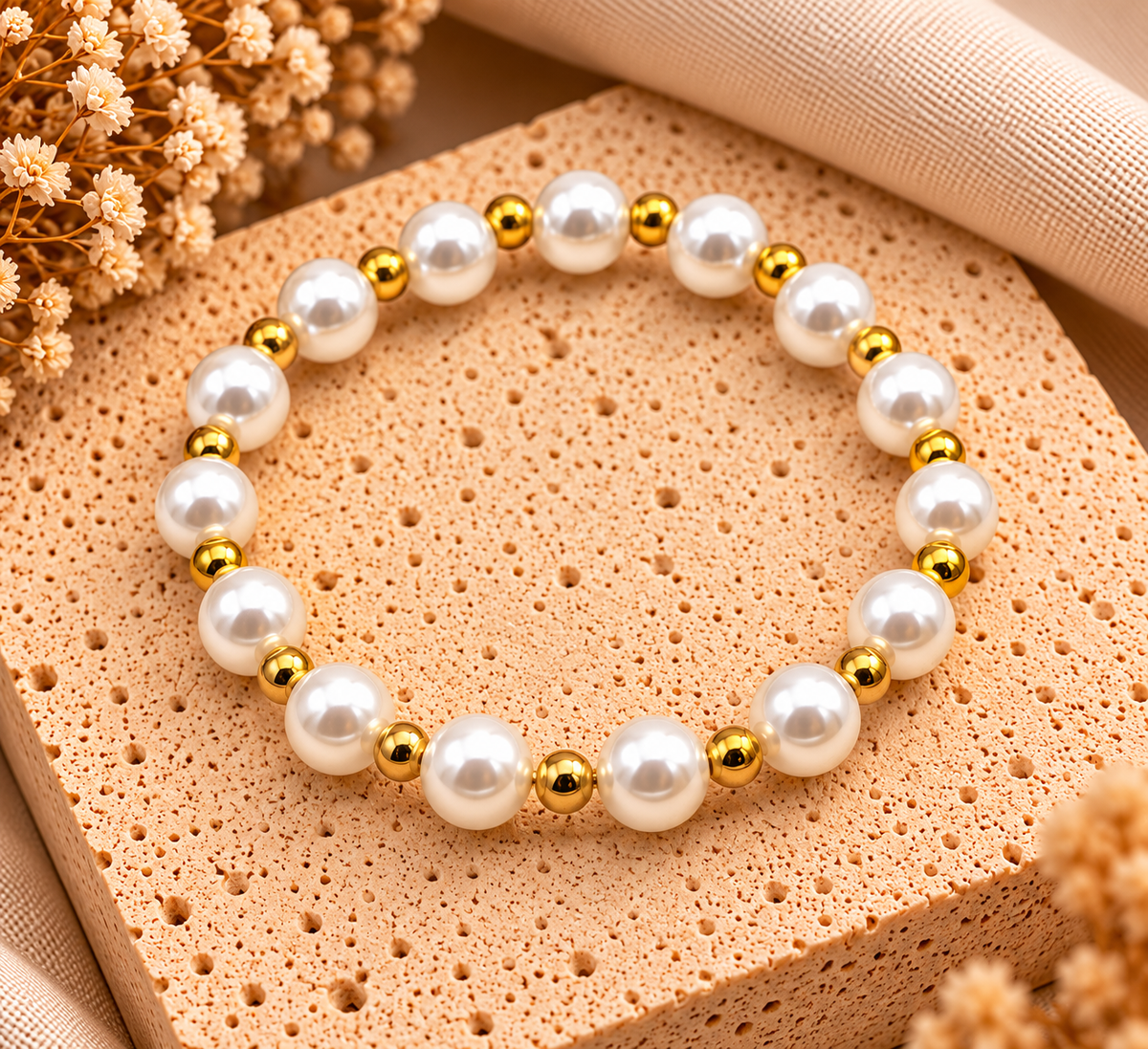 Elastische Imitatieparel Armband met Stainless Steel Kralen – Wit/Goud