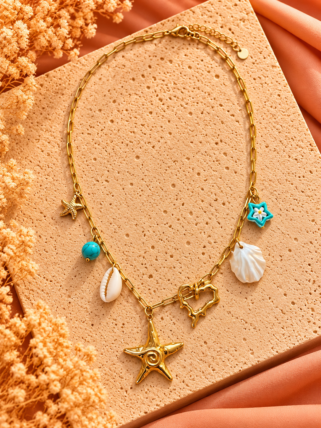 Stainless Steel Bedelketting Schelp Zeester Turquoise | 40-45 cm