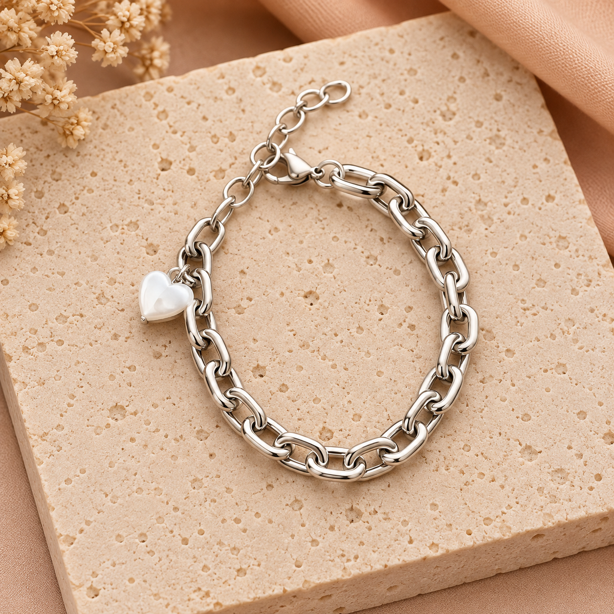 Stainless Steel Armband Zilverkleurig met Parelhartje – 17-21 cm
