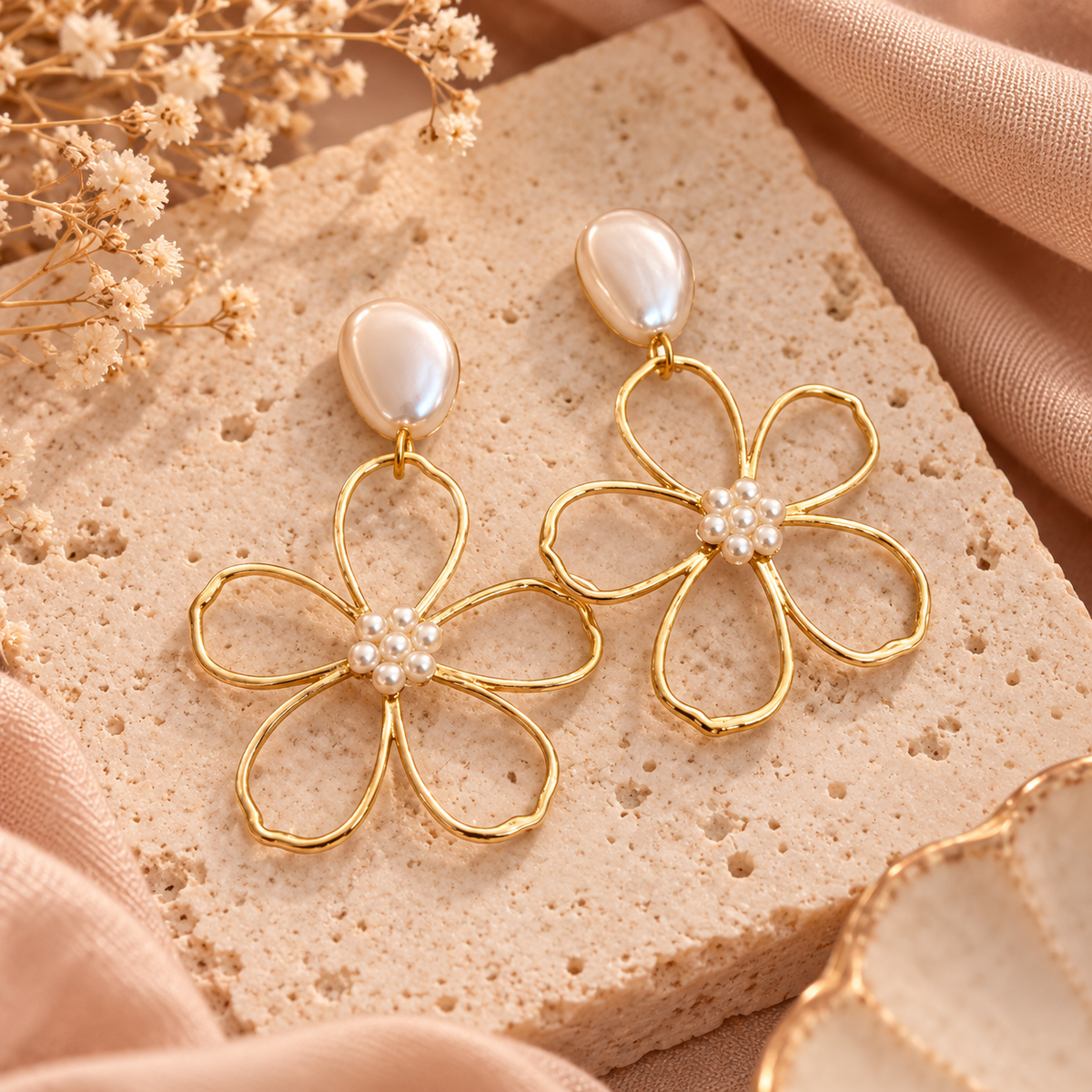Goudkleurige Bloem Oorbellen met Pareldetails – Elegant & Chic