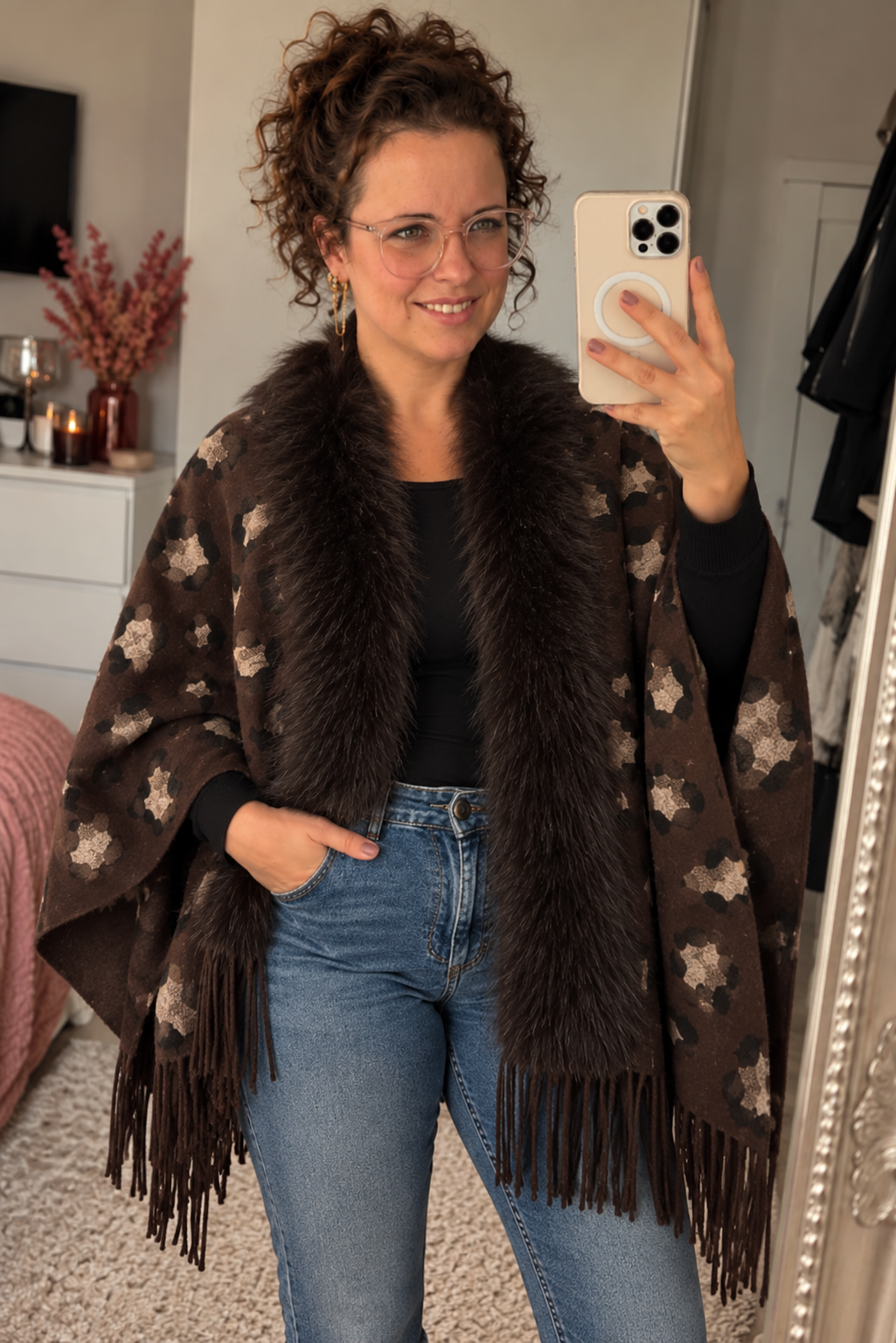 Luxe Poncho met Luipaardprint & Imitatiebontkraag – Bruin - Pre-order