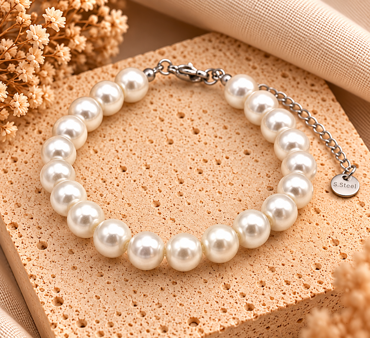 Imitatieparel Armband Crème met Stainless Steel – 16-21 cm