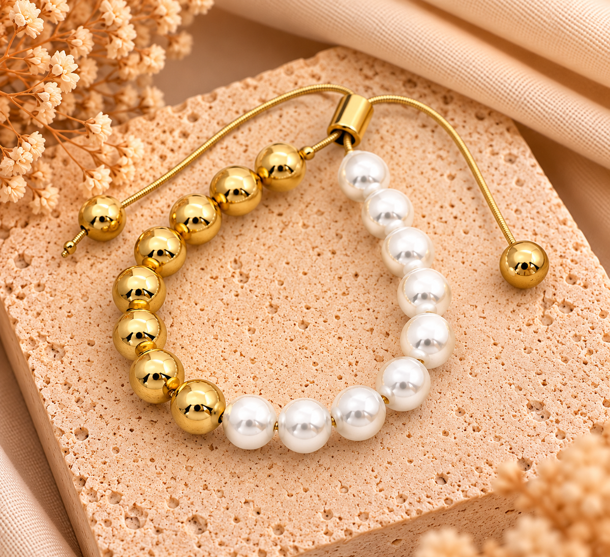 Verstelbare Parelarmband Dames | Goudkleurig & Wit 8 mm