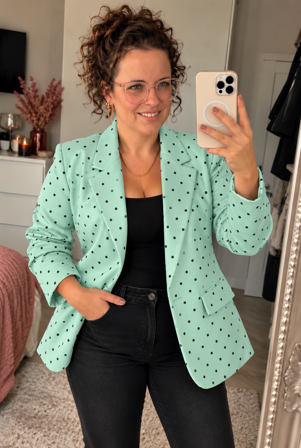 Mintgroene Blazer met Zwarte Stippen | One Size (36-42) - One Size Fashion