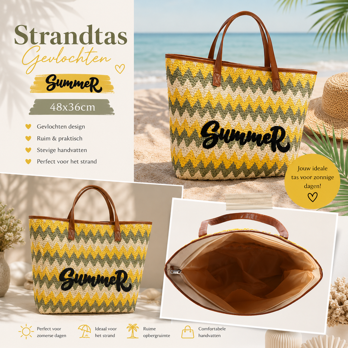 Strandtas Gevlochten Summer Geel 48x36 cm dames strandtas One Size Fashion