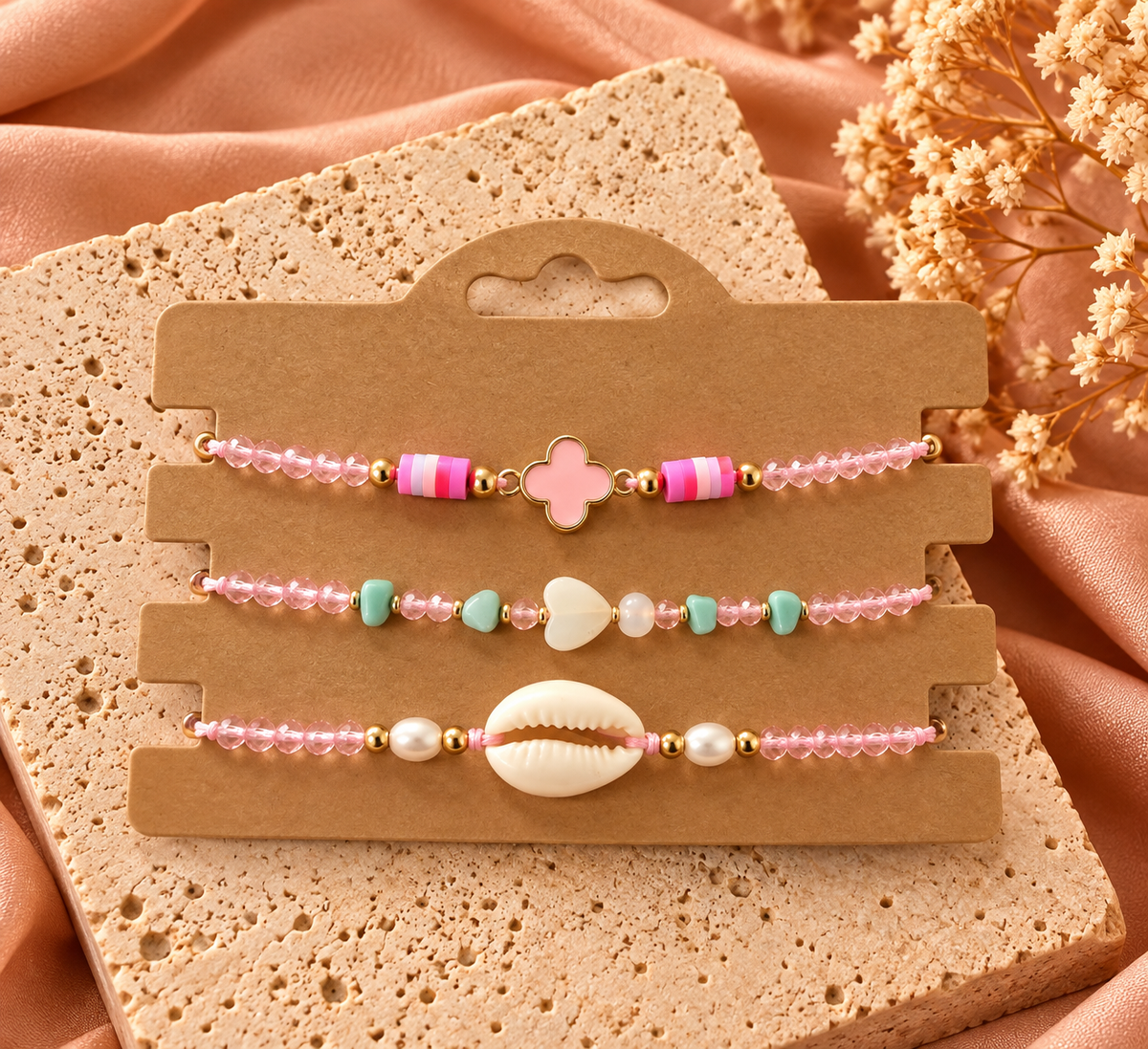 Armbandset 3 Stuks Roze met Kralen | Verstelbaar