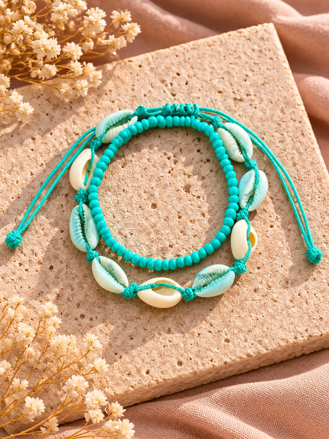 Turquoise Schelp Enkelbandjes Set | One Size Fashion