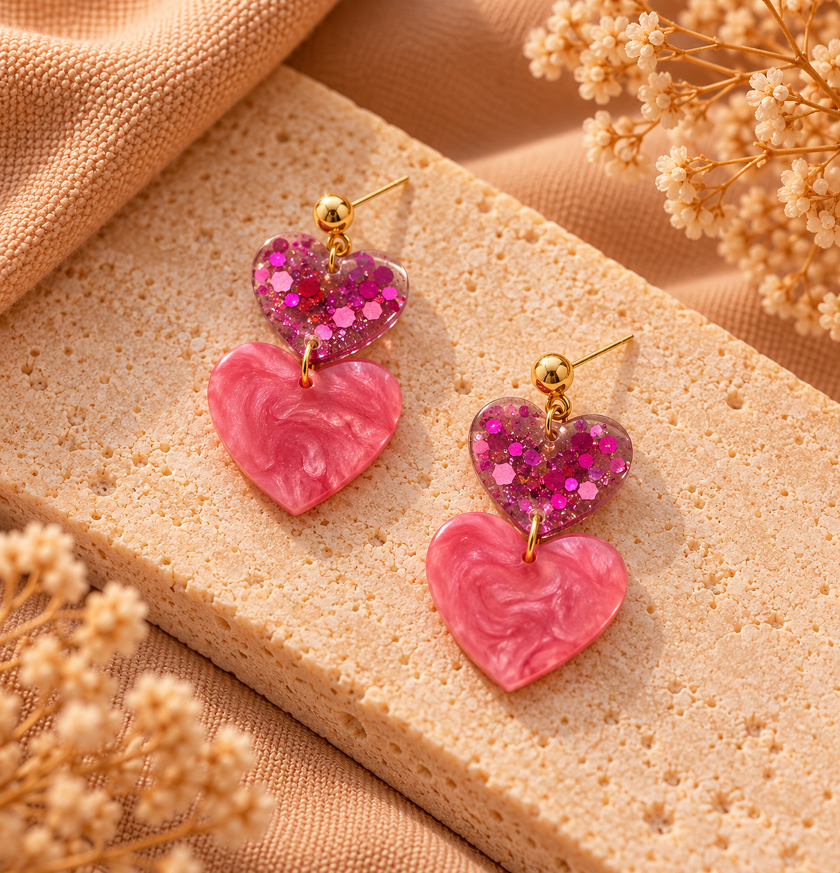 Roze Hartjes Oorbellen met Glitter 4 cm