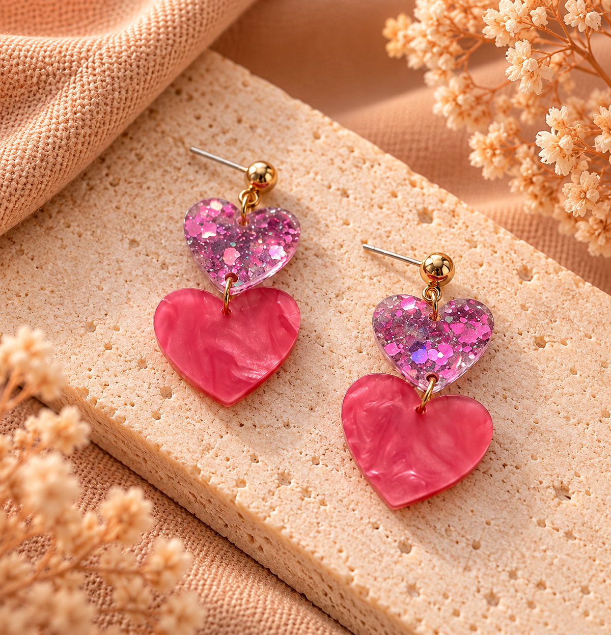 Roze Dubbele Hartjes Oorbellen | Glitter & Marmerlook