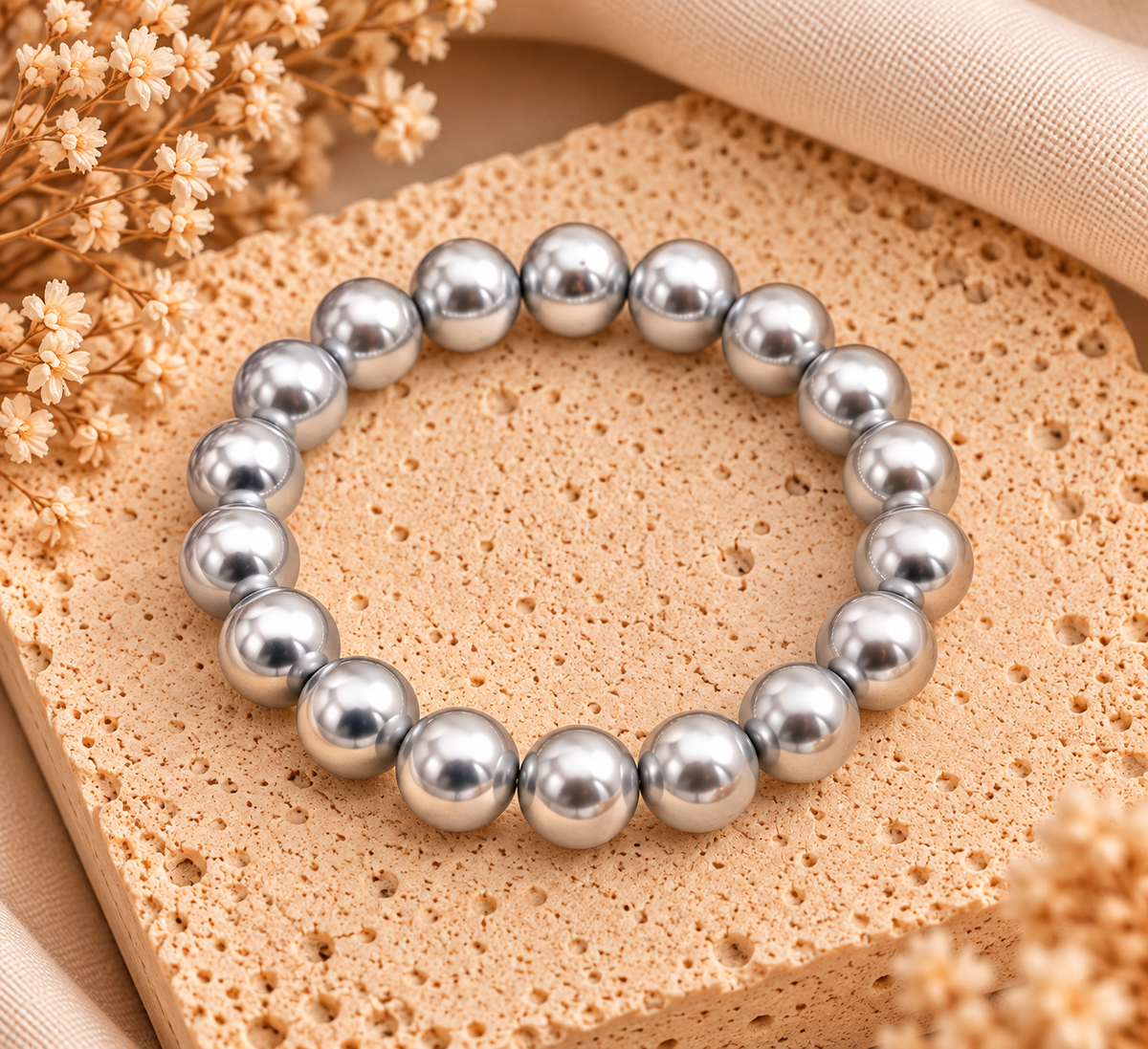 Grijze Parelarmband Dames | Elastische Kralenarmband 10 mm
