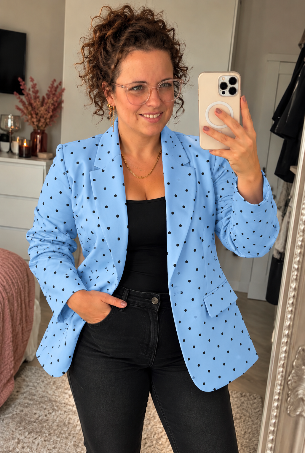 Lichtblauwe Blazer met Zwarte Stippen | One Size (36-42) - One Size Fashion