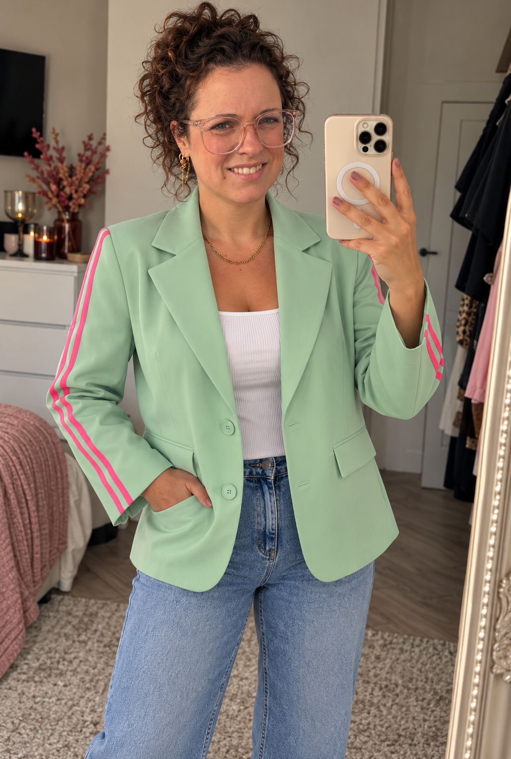 Mintgroene Blazer met Roze Strepen | One Size (36-42) - One Size Fashion
