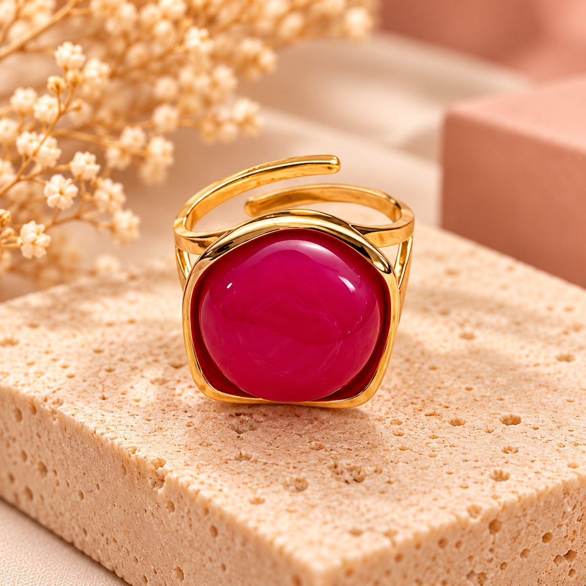 Stainless Steel Ring met Fuchsia Steen | Goudkleurig