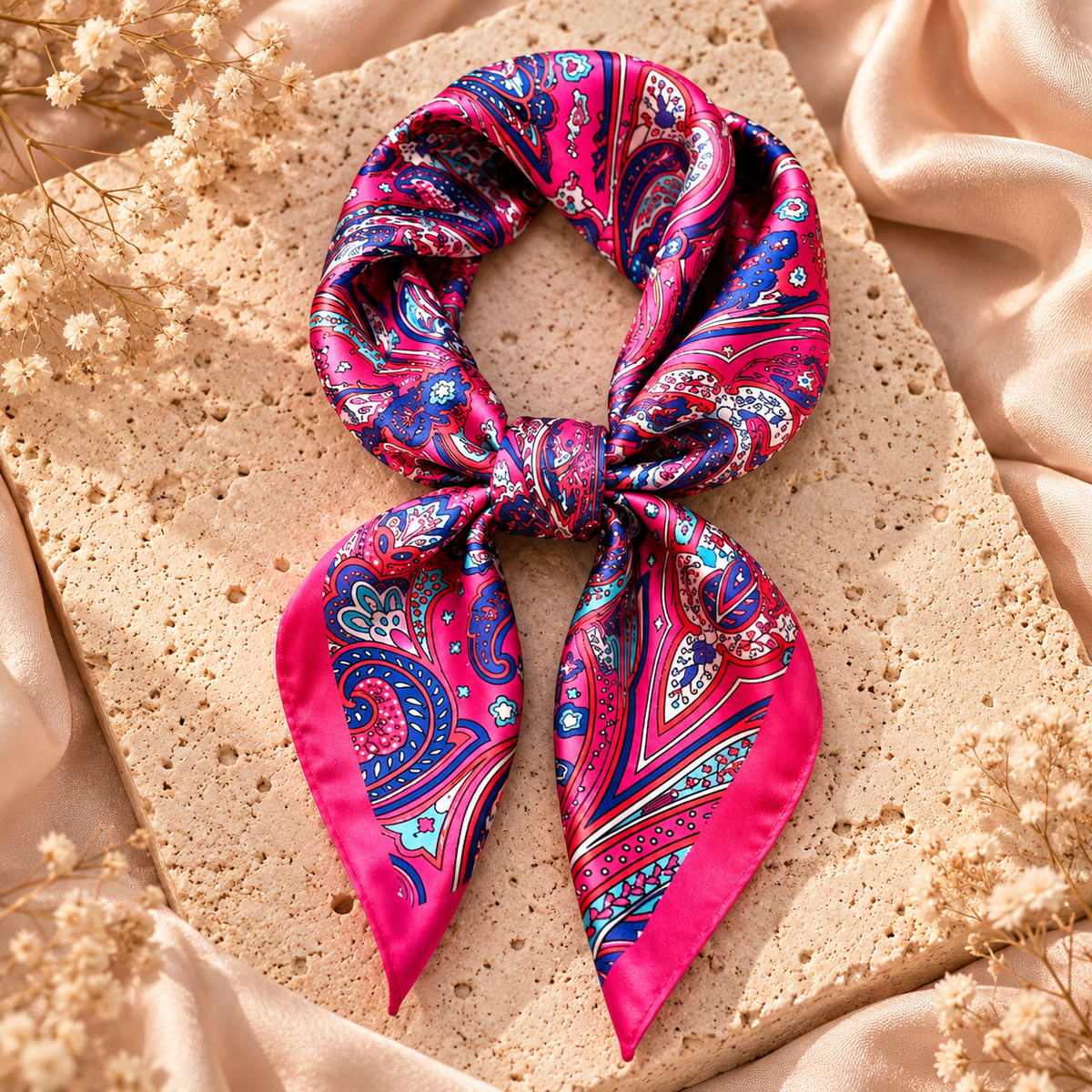 Pink Paisley Luxe Satijnen Sjaal – Fuchsia/Blauw 70x70 cm | One Size Fashion