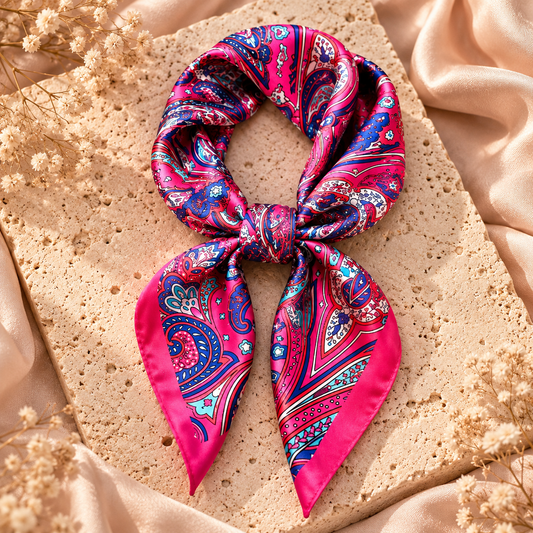 Pink Paisley Luxe Satijnen Sjaal – Fuchsia/Blauw 70x70 cm | One Size Fashion