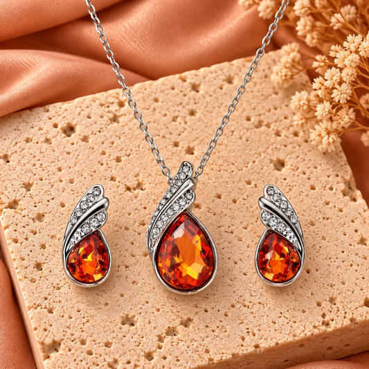 Sieradenset ketting en oorbellen oranje kristal | Zilverkleurig