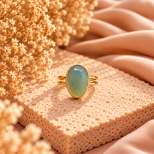 Stainless Steel Ring met Ovale Groene Steen | Goudkleurig
