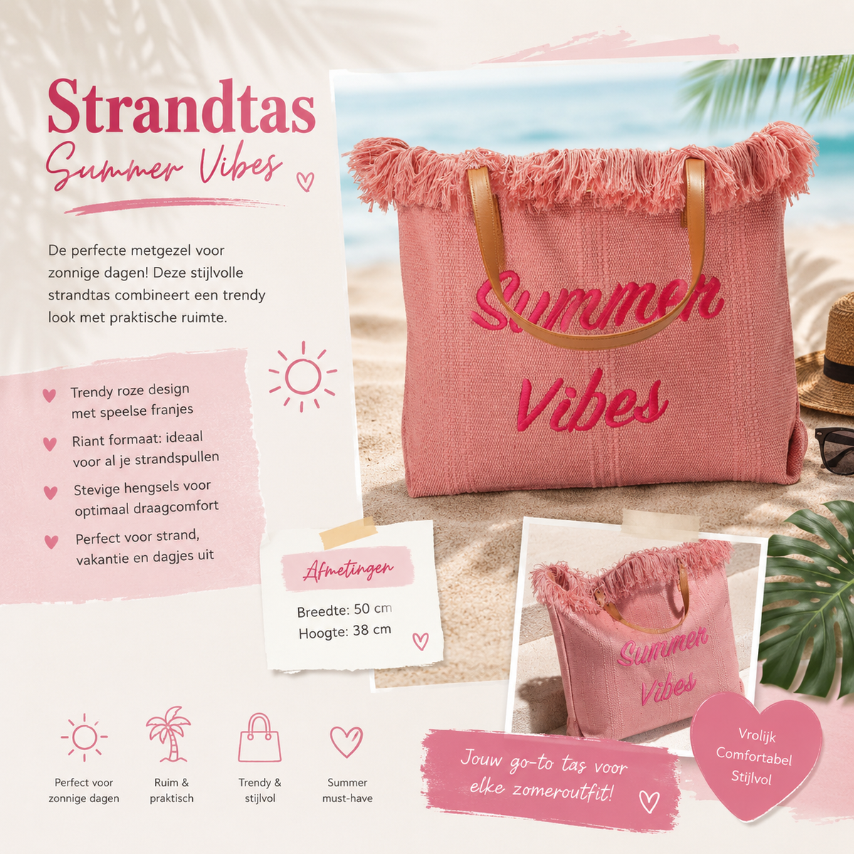 Strandtas Summer Vibes Roze Grote Zomertas met Franjes 50x38 cm dames strandtas One Size Fashion