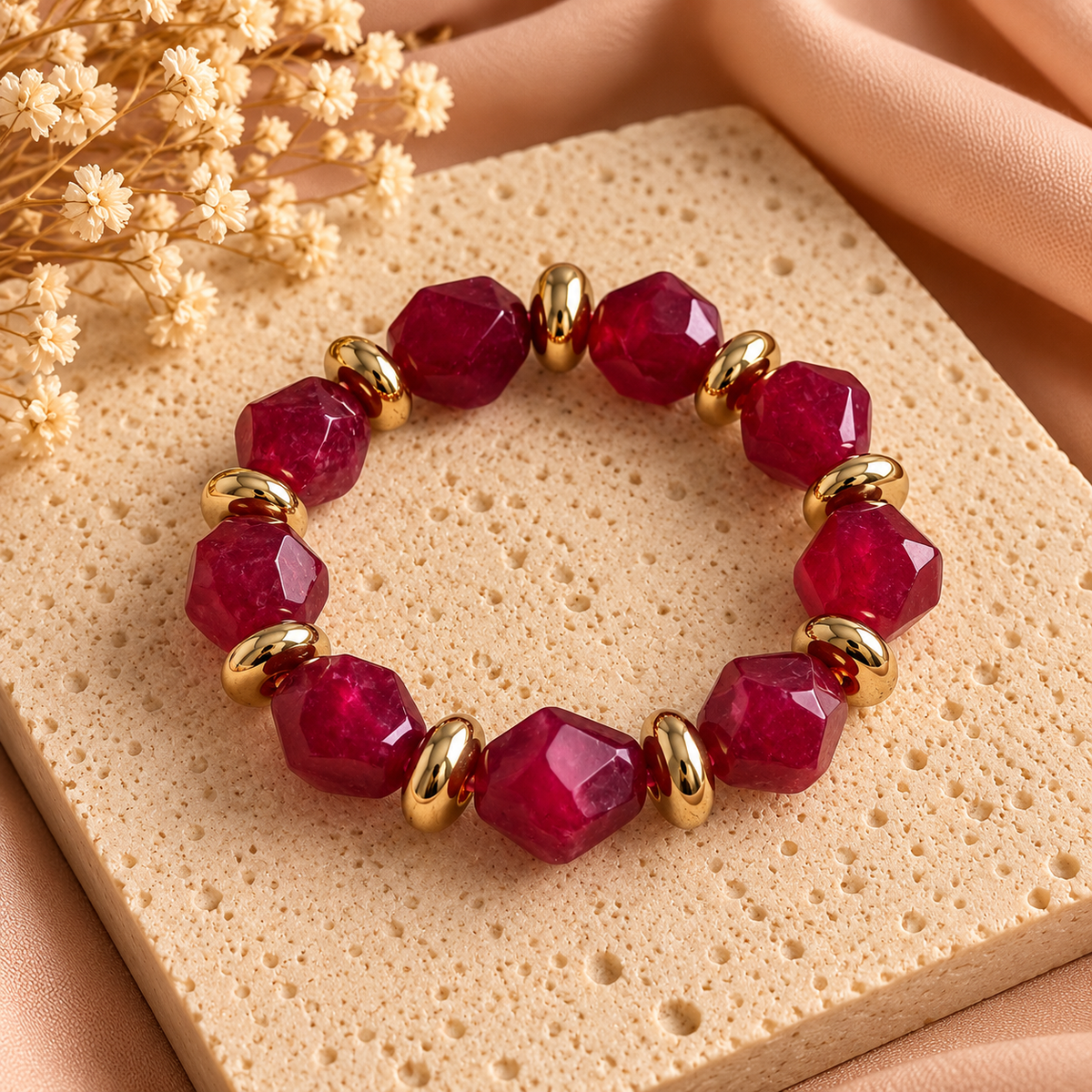 Armband met Donkerrode/Paars Facetkralen en Goudkleurige Details | Elastisch 17–21 cm