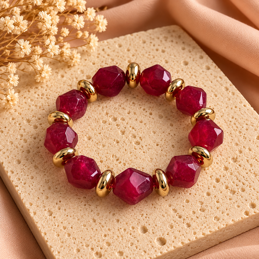 Armband met Donkerrode/Paars Facetkralen en Goudkleurige Details | Elastisch 17–21 cm