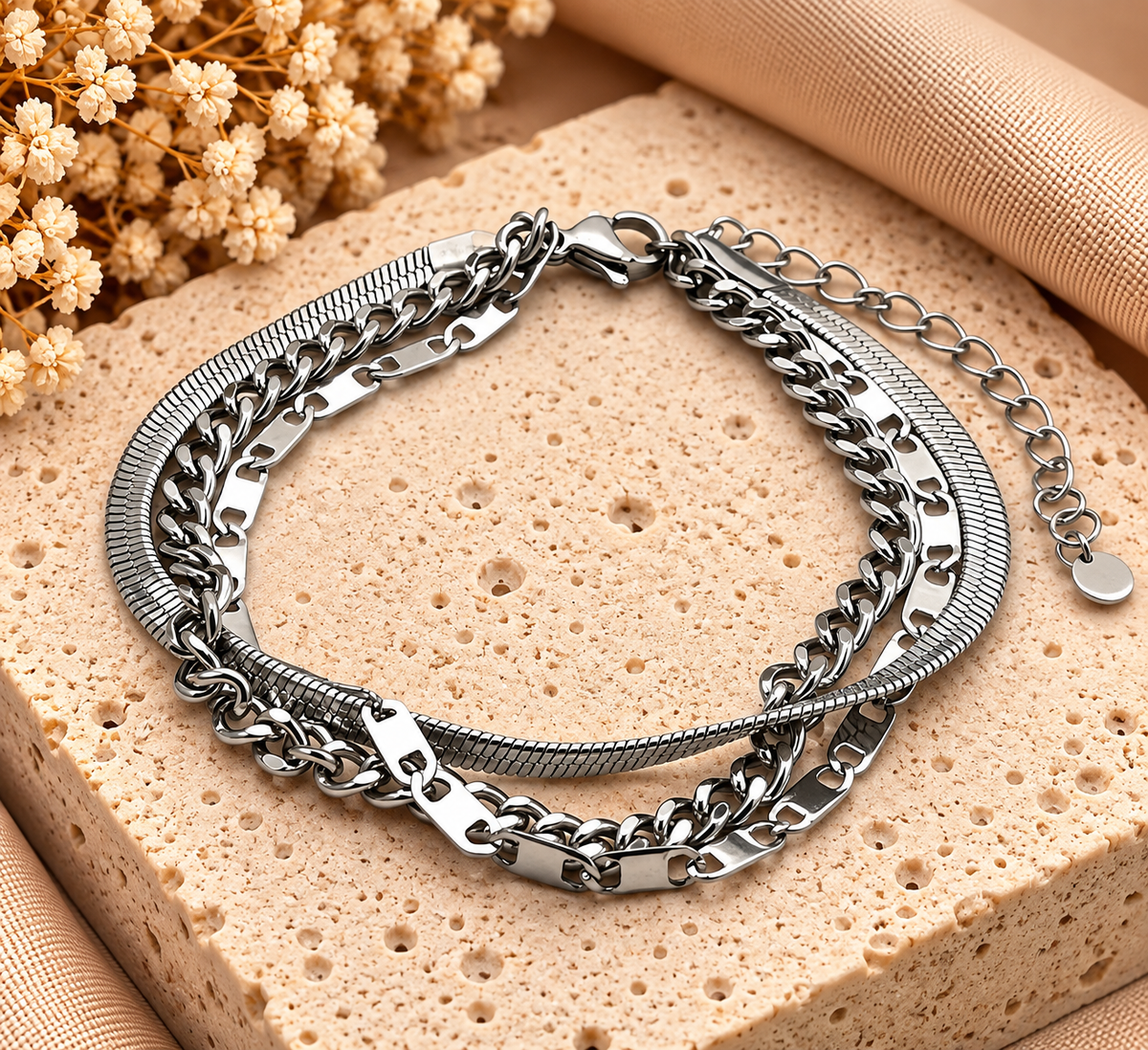 Stainless Steel Layered Armband Zilverkleurig – 16-21 cm