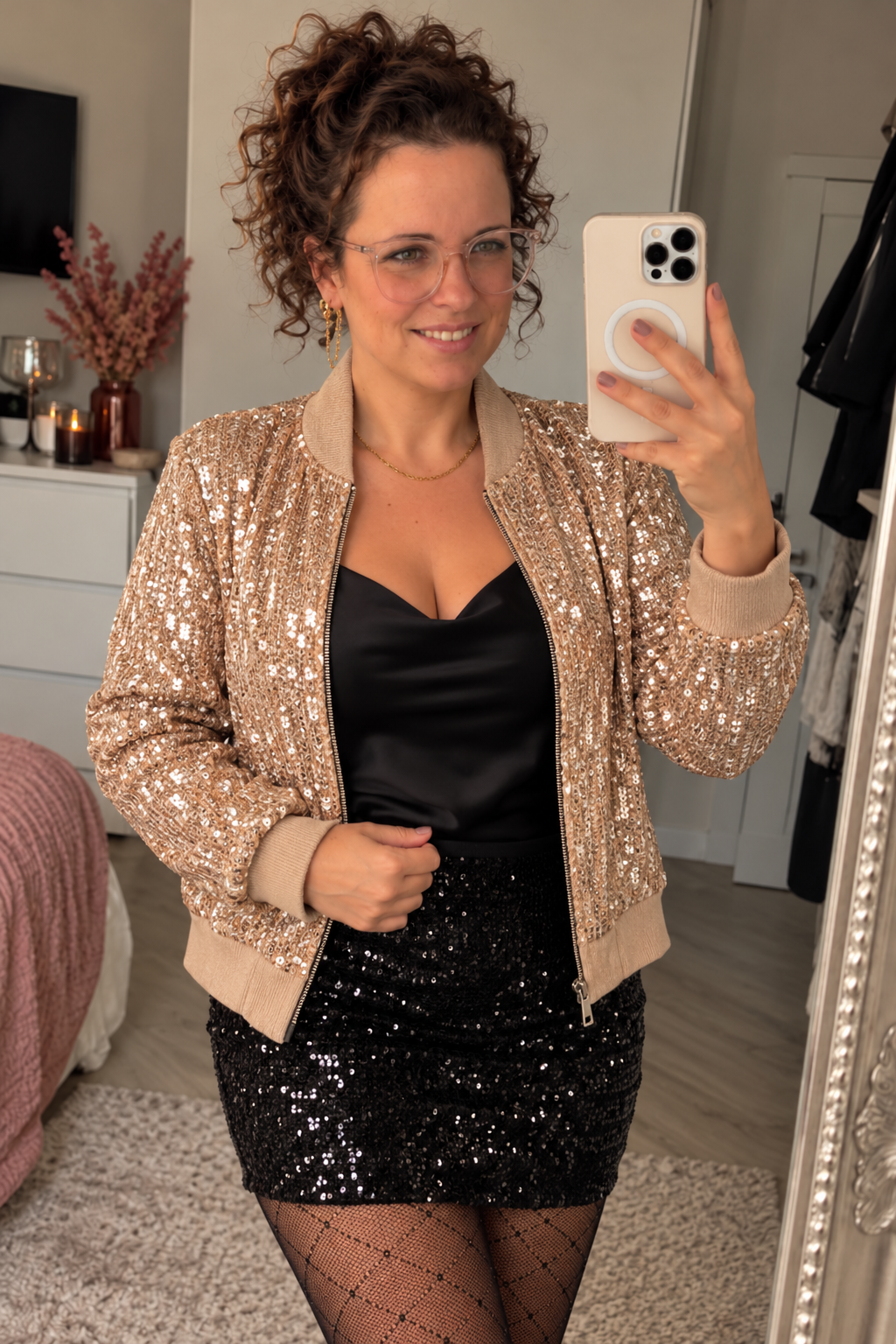 Dames Pailletten Bomber Jasje – Champagne Goud