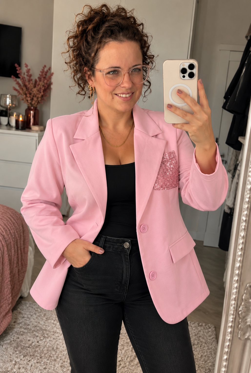 Roze Blazer met Pailletten Zak | One Size (36-42) - One Size Fashion
