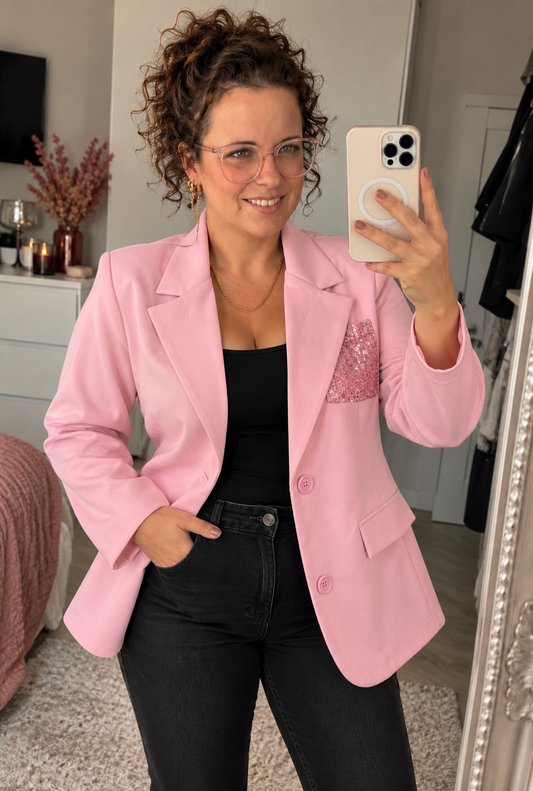 Roze Blazer met Pailletten Zak | One Size (36-42) - One Size Fashion