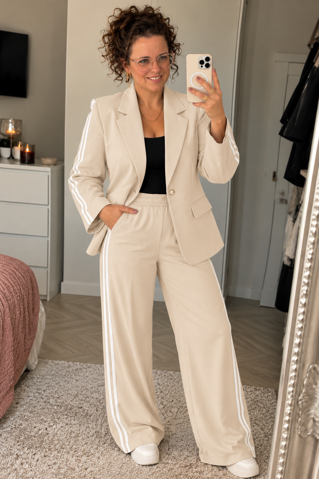 Dames Broekpak Blazer & Wide Leg Broek Beige | One Size (36-42)