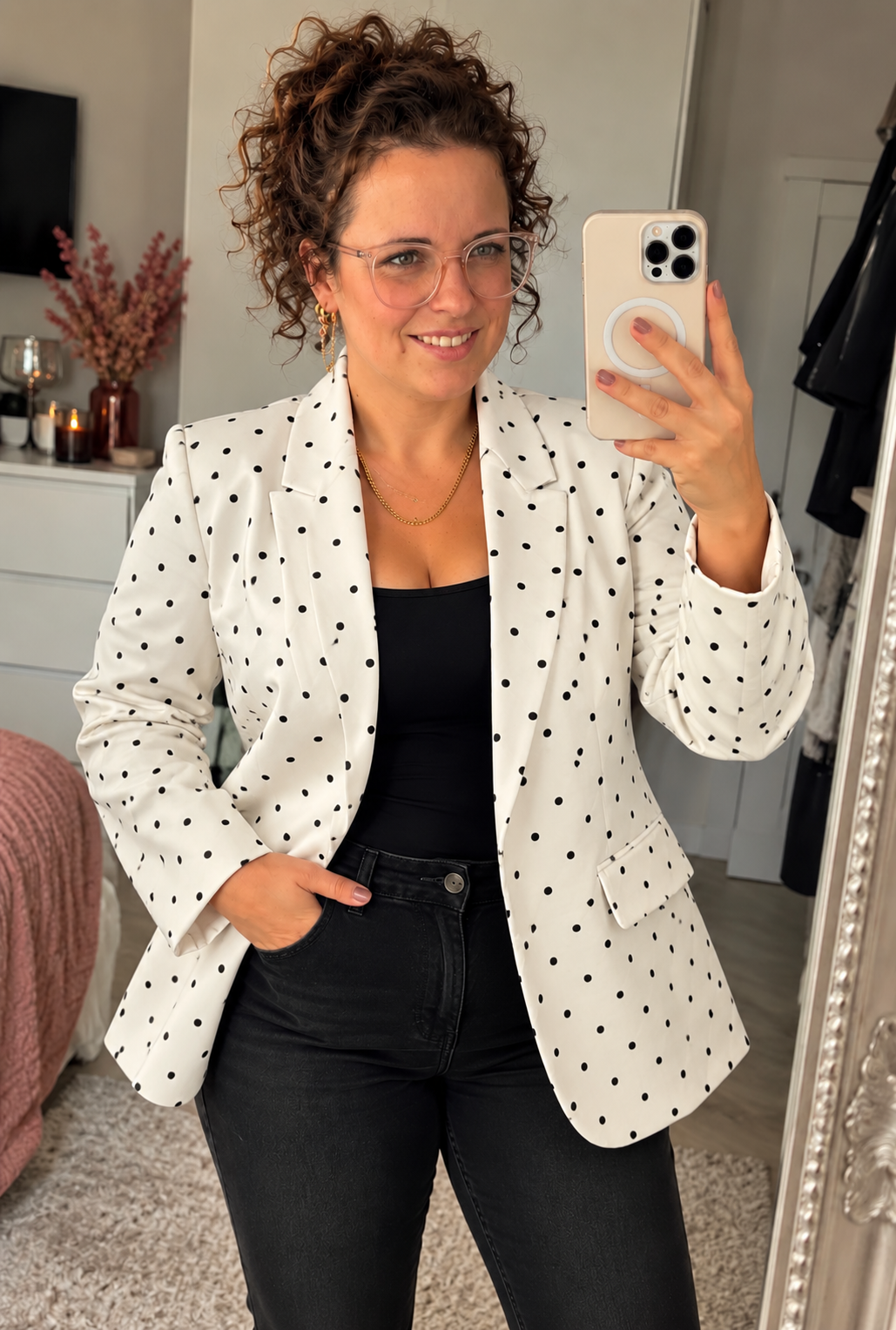 Witte Blazer met Zwarte Stippen | One Size (36-42) - One Size Fashion