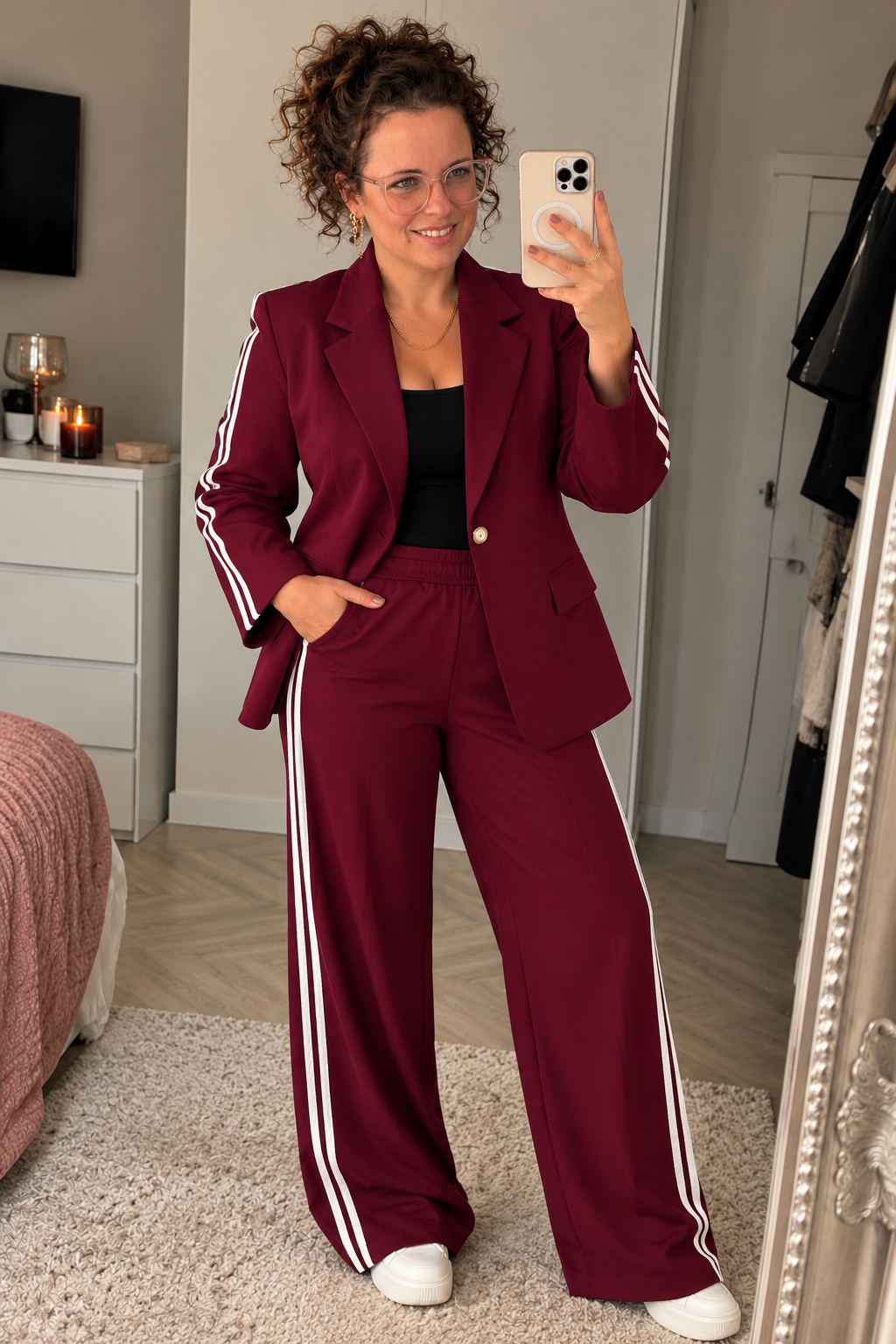 Dames Broekpak Blazer & Wide Leg Broek Bordeaux | One Size (36-42)