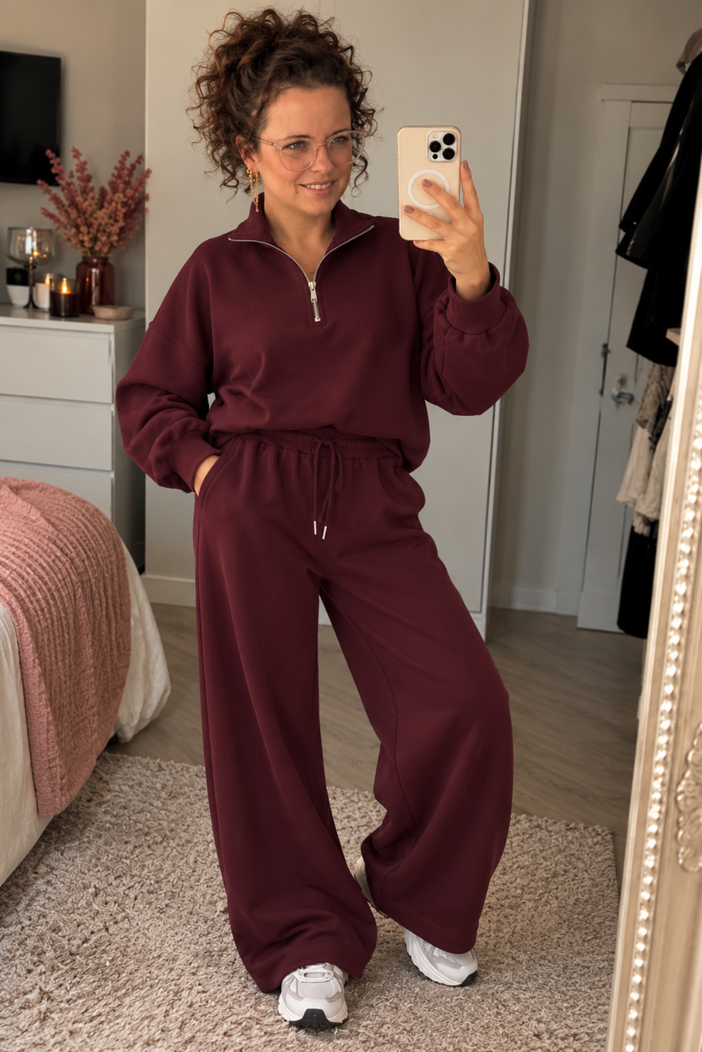 Dames Sweatset met Rits en Wide Leg Broek – Plum - S/M & M/L