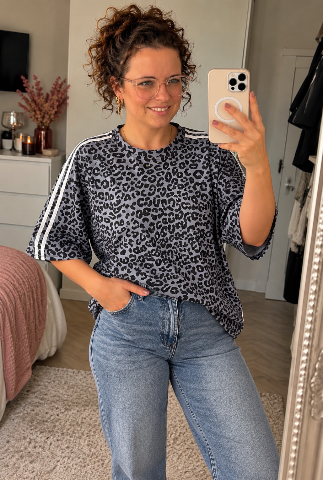Zwart/Grijs Panterprint Shirt met Witte Strepen | One Size 36-42 - One Size Fashion