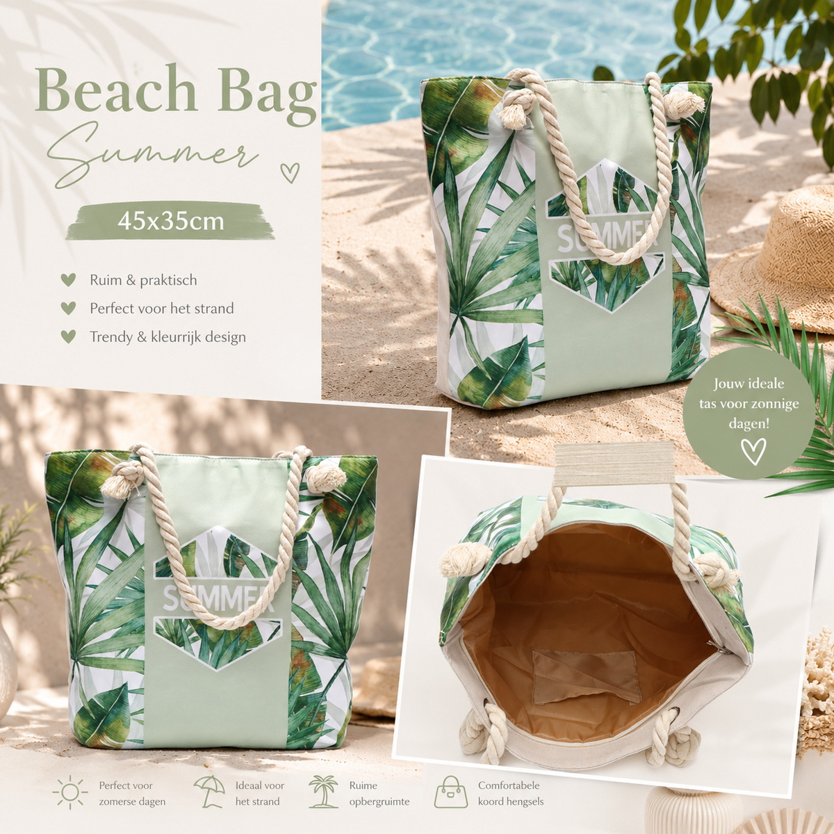 Beach Bag Summer Groen 45x35cm Strandtas met Koordhengsels dames strandtas One Size Fashion