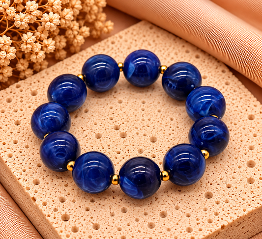 Elastische Armband Donkerblauw – Acryl Kralen en RVS