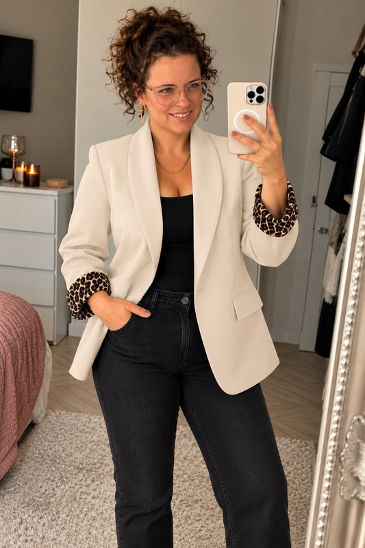 Blazer met Panterprint Manchetten Beige | One Size (36-42)