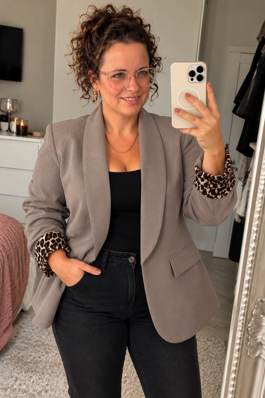 Blazer met Panterprint Manchetten Taupe | One Size (36-42)