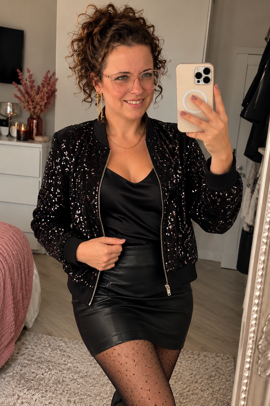 Dames Pailletten Bomber Jasje – Zwart