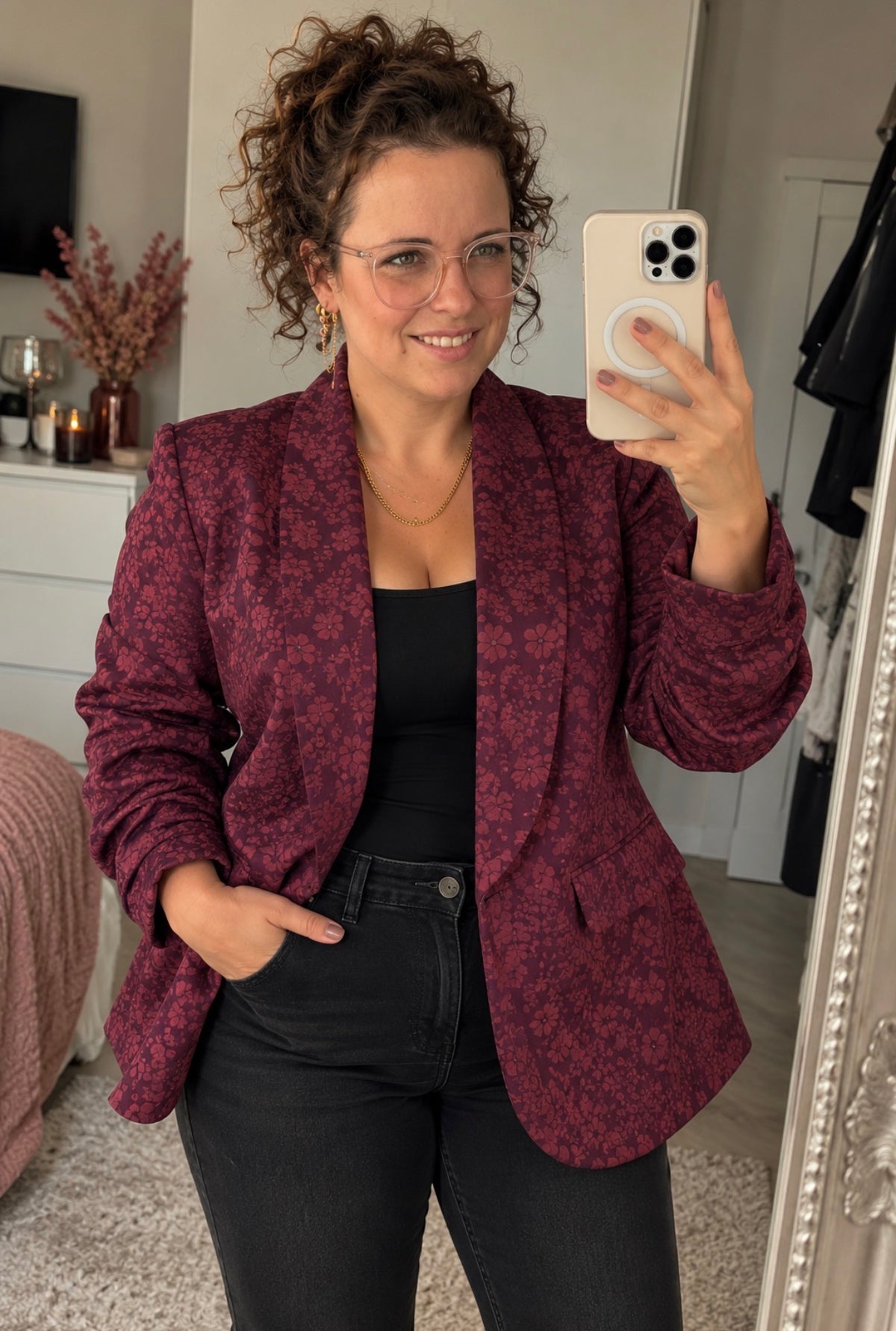 Wijnrode Blazer met Bloemenprint | One Size 38-44 - One Size Fashion