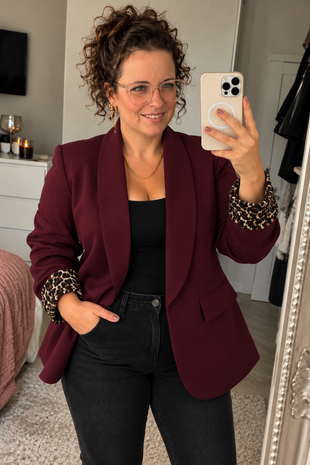 Blazer met Panterprint Manchetten Bordeauxrood | One Size (36-42)
